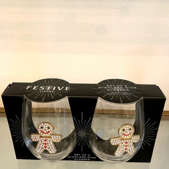 Christmas Jeweled GINGERBREAD Stemless Wine Glass Set of 2 Holiday Barware New - Picture 10 of 11